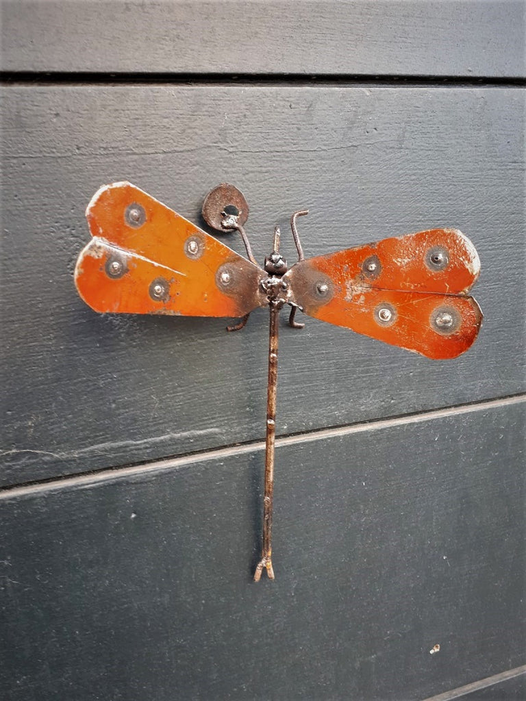 Handcrafted Recycled Oil Barrel Metal Wall Orange Dragonfly