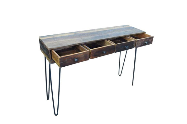 Solid Reclaimed Wood Hairpin Console Desk with Drawers - HomeStreetHome.ie